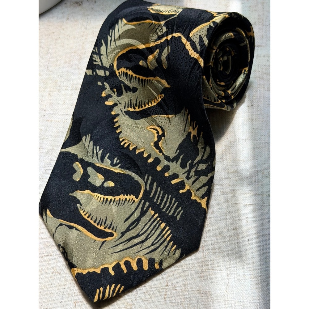 Vintage Jurassic Park T-Rex Skeleton Silk Tie MBP Black Gold Green Movie Promo